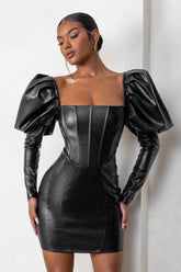 Black Faux Leather Puff Sleeve Mini Dress With Corset Detail